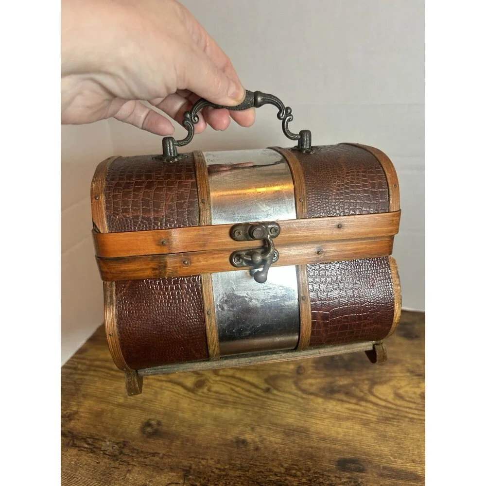 Vintage Treasure Chest Wooden Faux Croc Metal Accent Trinket Box Decorative